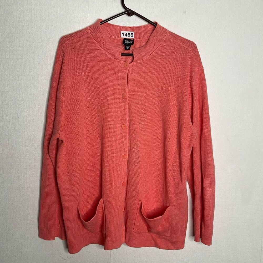 Eileen Fisher Sweater 1X Pure Linen Heavy‎ Fine Gauge Knit Cardigan Pretty Peach